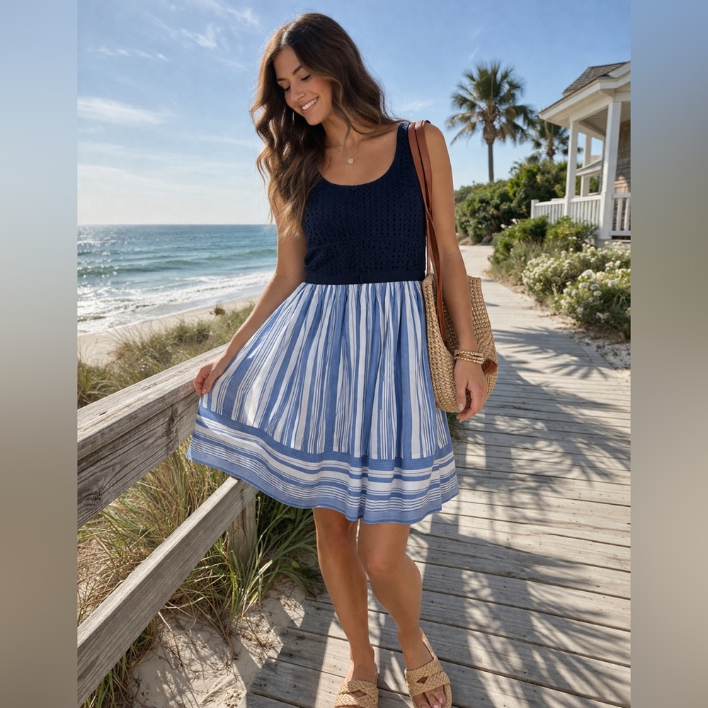 LOFT Navy White Striped Eyelet 14 100% Cotton Coastal Nautical Preppy Sundress